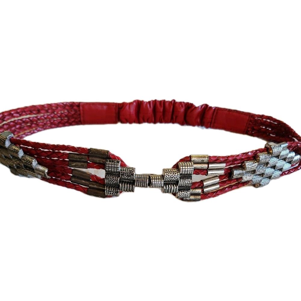 80's Modernist Red Leather Braided Lariat Women's Belt w Brutalist Metal 30"